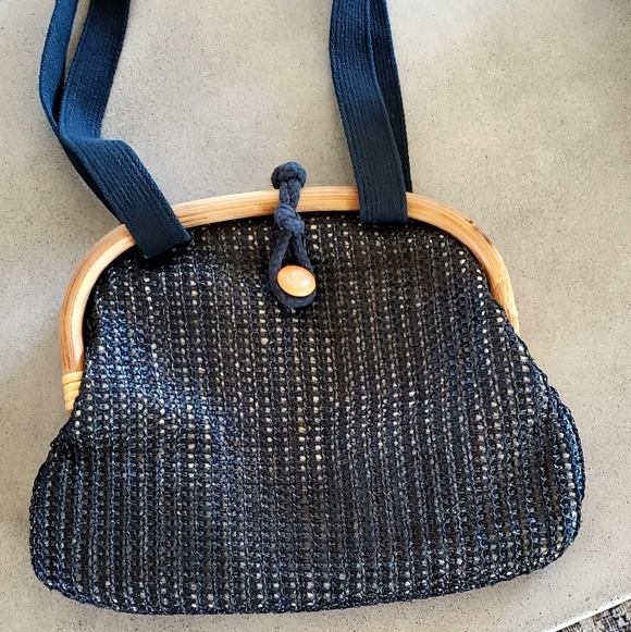 Vintage 1950's Black Woven Rafia Overlay Bamboo Frame Shoulder Bag, EUC - Picture 2 of 15